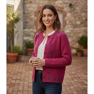 Beyond Threads Embroidered Alpaca Wool Floral Cardigan Size Medium